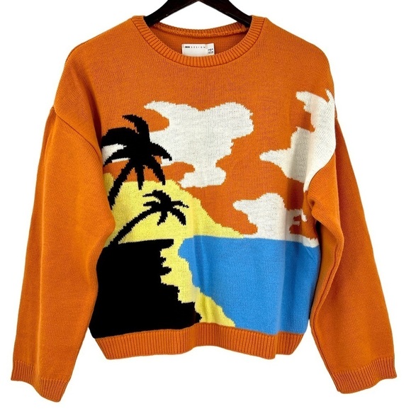 ASOS DESIGN tropical orange, blue, black and white Crewneck sweater SZ 8 - Picture 1 of 10